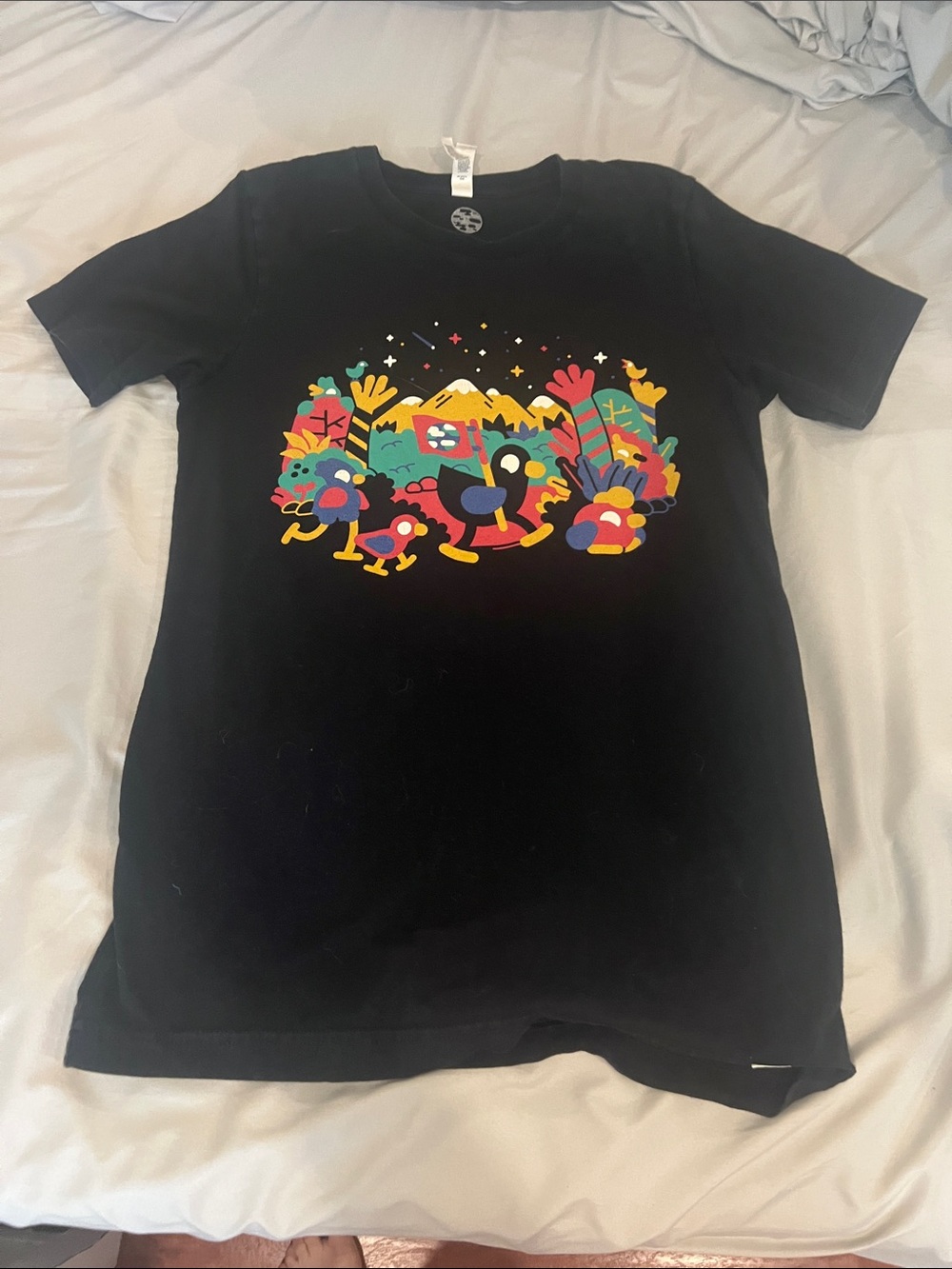Black Graphic Short Sleeve Tee with Colorful Illustration